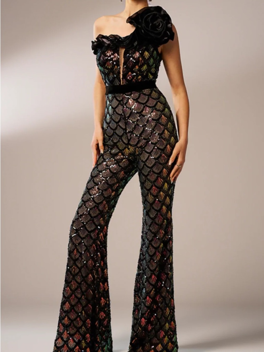 Black One-Shoulder Sequin Jumpsuit with Floral Shoulder Accent